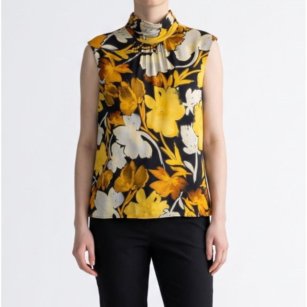 Milly Riley Paper Peony Mock Neck Sleeveless Top Women Medium Yellow Floral